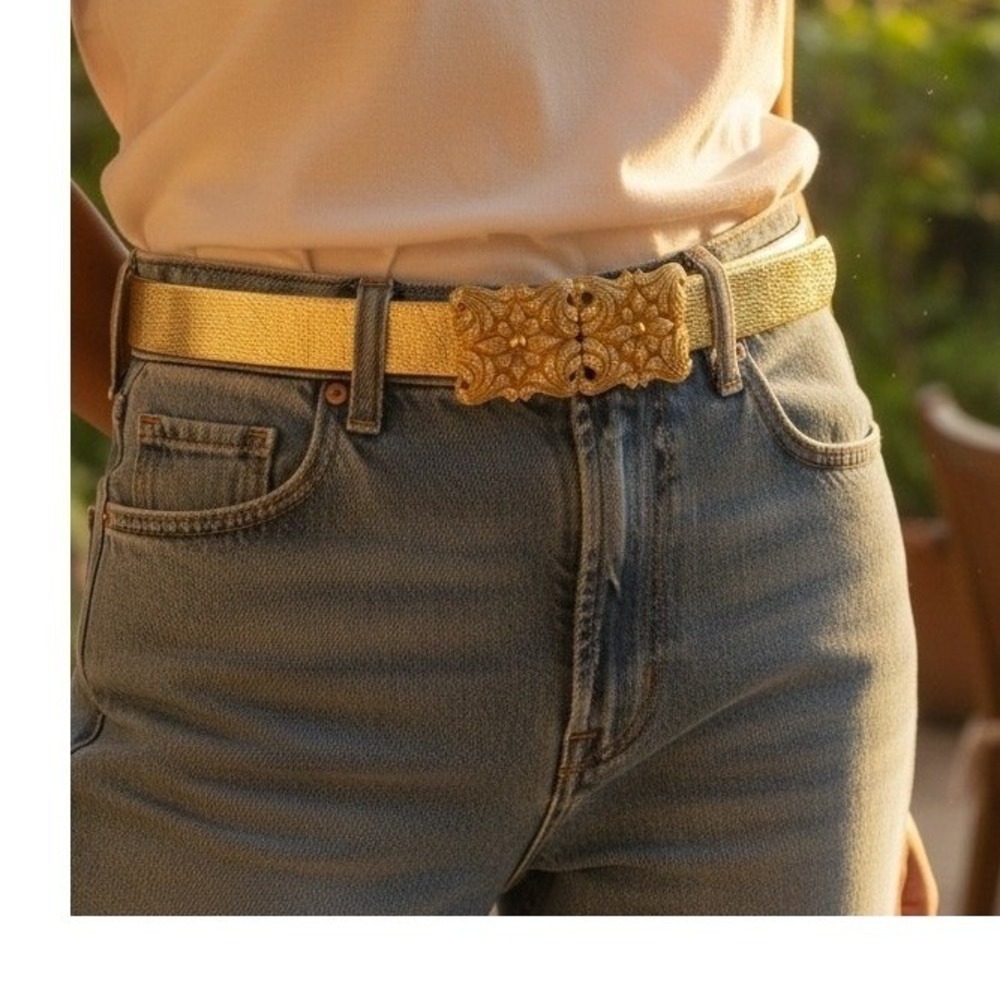 Vintage Gold Metallic Stretch Belt Ornate Filigree Floral Clasp Cinch Waist Belt